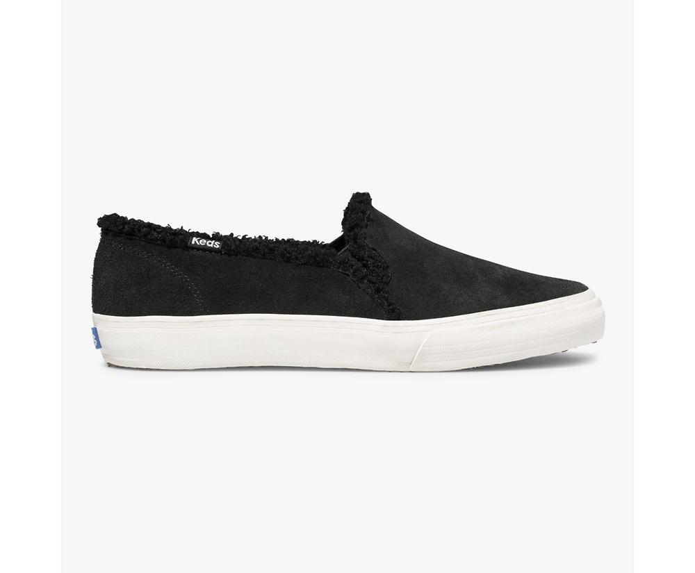 Keds Slip Ons Black - Double Decker Suede Faux Shearling - Womens VGSETR-956